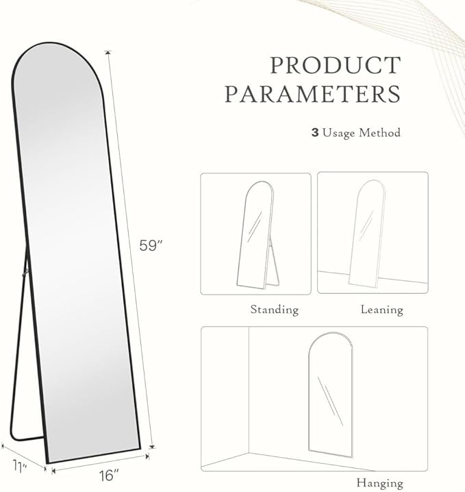 Arched Full Length Mirror, 59"x 16" Floor Mirror With Aluminum Alloy Thin Frame, Hanging or Leaning for Wall Bedroom Dressing, Home Decor, Black