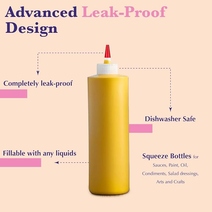 6-Pack Condiment Squeeze Bottles for Sauces - Includes Funnel, Erasable Marker & Reusable Labels, Perfect for Salad Dressings, Liquids, and Ketchup, Durable Plastic 12 oz Bottles