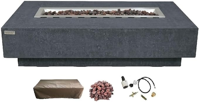 Elementi | Hampton Gas Fire Pit Cast Concrete 56" Rectangular Fire Table, Outdoor Fire Pit Electronic Ignition | Canvas Cover, Lava Rock Included | Dark Gray (Propane Gas)