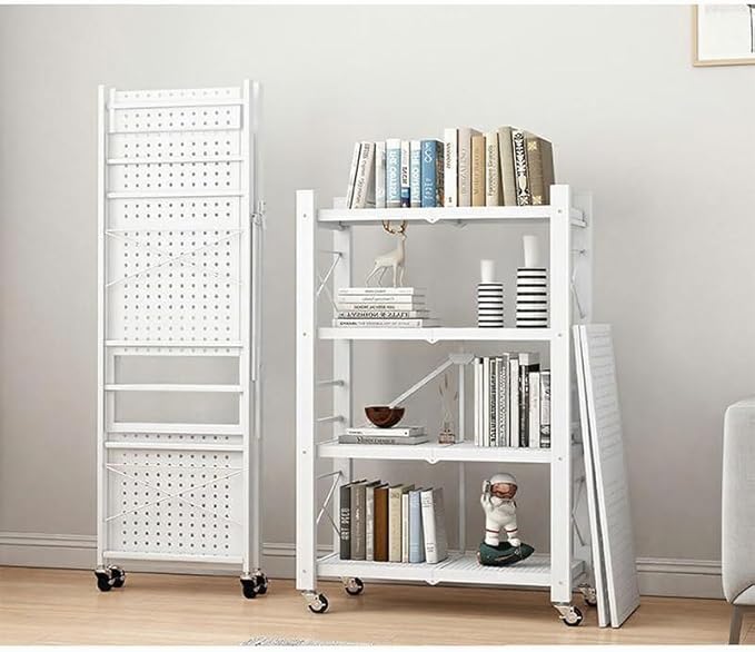4-Tire Storage Rack, Height Adjustable, 32 * 13 * 50in Foldable Metal Garage Storage Shelves Organizer, Portable Metal Kitchen Shelving, Closet Shelving Unit Bakers Rack (White 4 Shelfs)