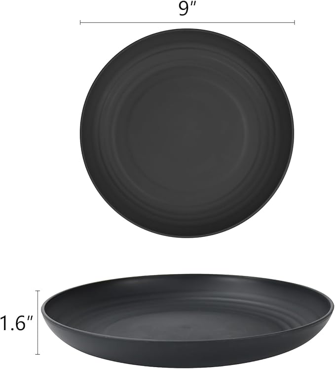 Homienly Deep Dinner Set of 8 - Alternative to Plastic, Microwave & Dishwasher Safe Wheat Straw Plates - Unbreakable for Kids - Black, 9 inch