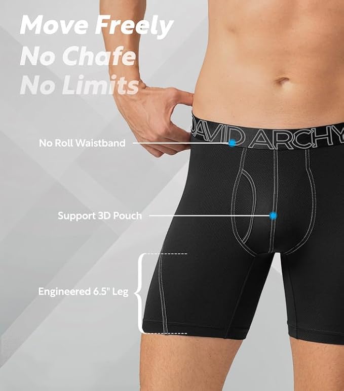 DAVID ARCHY Mens Performance Boxer Briefs 3 Pack, 3D Support Pouch & No Ride-Up Design Moisture-Wicking Sport Underwear