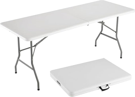 FWTI Deal 6 Feet Foldable Table & Tablecloth Set, Built in Carrying Handle & Alloy Steel Legs, Heavy Duty Portable for Party, Dining, Wedding, Picnic, Camping, Utility, White (Table&Tablecloth)