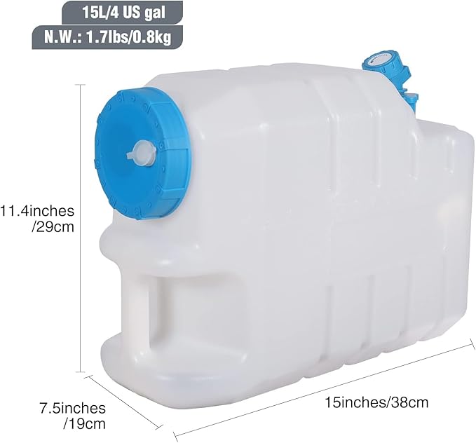 4 Gallon/15L Water Container with Spigot, Portable BPA Free Water Jug, Multifunction Water Tank for Camping Outdoor Hiking Picnic Supplies, 2 Pack