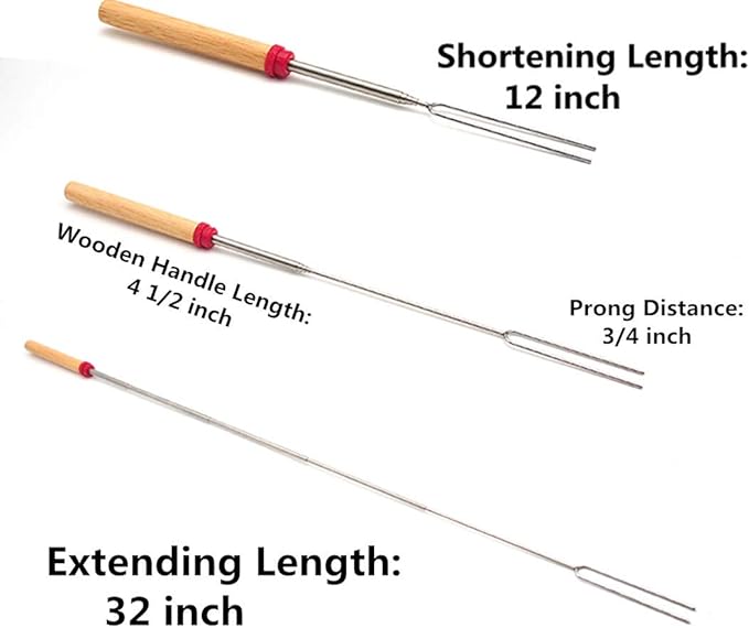 Marshmallow Roasting Sticks Wooden Handle Set of 12 Smores Skewers Telescoping Forks 32 inch with Portable Bag for Hot Dog Campfire Camping Stove BBQ Tools