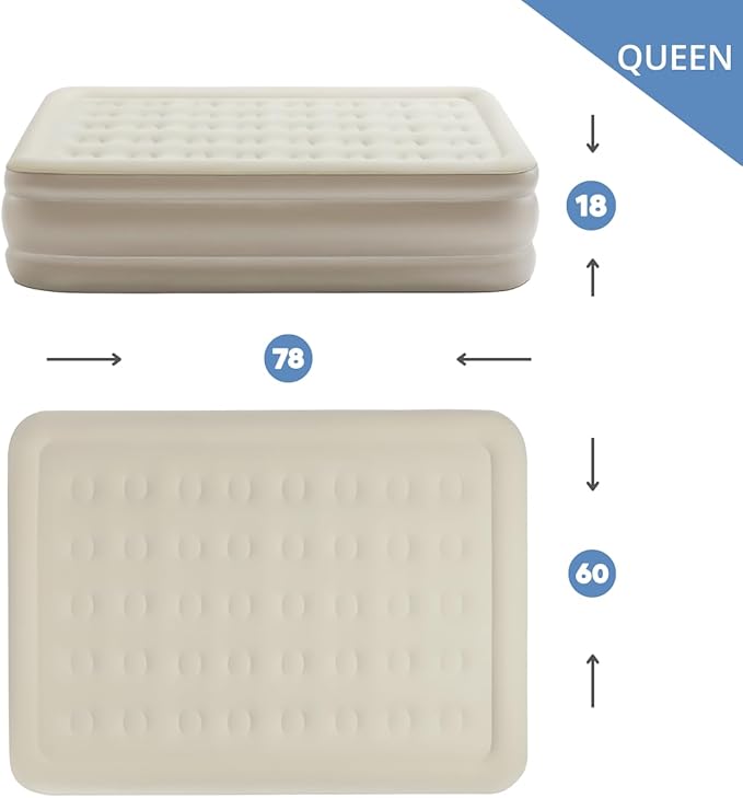 Simpli Comfy Inflatable 18” Queen Air Mattress with Built in Pump Self Inflating Blow Up Durable Heavy Duty Stay Firm Comfortable Air Bed Elevated for Home Guest Travel Relocate Camping