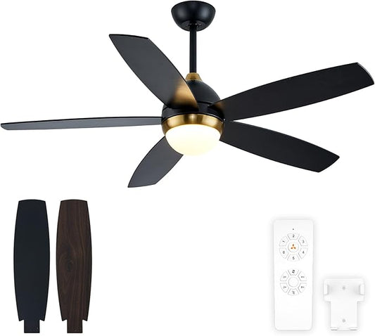 Black and Gold Ceiling Fan with Lights,52 Inch Ceiling Fans,6 Speeds,3 Color,Quiet DC Motor,Ceiling Fan with Remote Control for Bedroom Living Room Patio Kitchen