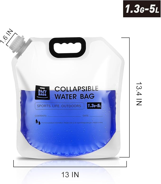 24/7 BAGS 8 Pack Collapsible Water Container Bag 1.3 Gallon/5 Liter, Heavy Duty with Carry Handles, Hikes, Trips, Weather Emergencies, and More, Foldable Water Bag