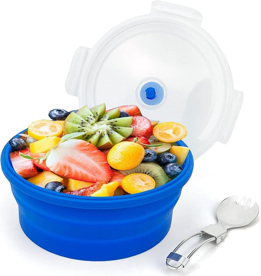 1200ml Large Collapsible Lunch Bowl With Lid, Camping Bowls with Foldable Spoon, Silicone Bento Box, For Meal Prep & Food Storage, Space Saving In Cabinet, Microwave Dishwasher Safe, Blue