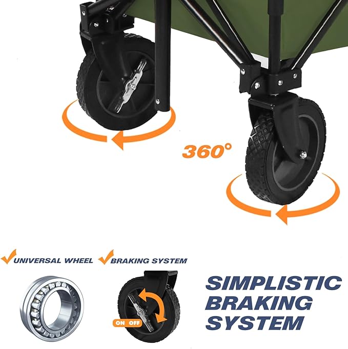 Chihee Folding Beach Wagon Cart Garden Cart Heavy-Duty with 2 Cup Holders,Camp Cart for Gimballed Wheels with Braking System Large Capacity Removable Fabric,for Sporting Events,Camping,Beach Trips