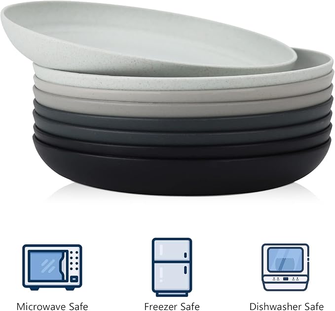 Homienly Deep Dinner Set of 8 - Alternative for Plastic, Microwave and Dishwasher Safe Wheat Straw Plates for Kitchen, Unbreakable Kids With 4 Colors (Stone Grey, 9 Inch)
