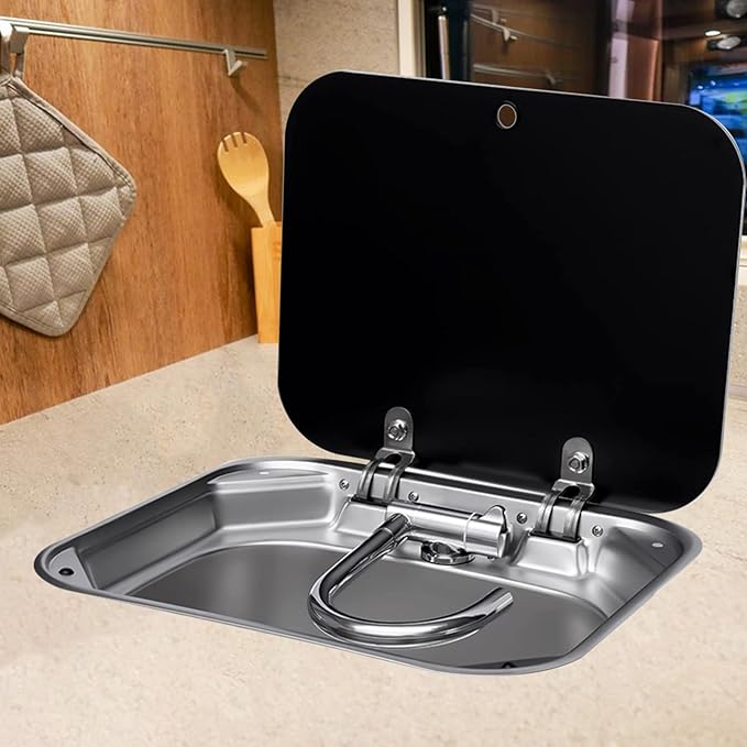 Folding RV Sink & Faucet Combo W/Lid, Bar Kitchen Sink 15 x 17 In Undermount Drop-in Sinks 304 Stainless Steel Single Bowl Workstation Sink Caravan Camper Van Boat Trailer Sink Hand Wash Basin