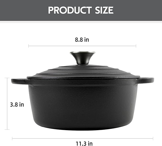 3 Quart Dutch Oven Enameled Cast Iron with Lid - Big Dual Handles - Oven Safe up to 500°F - Classic Round Pot for Versatile Cooking Matte Black(No Enameled)