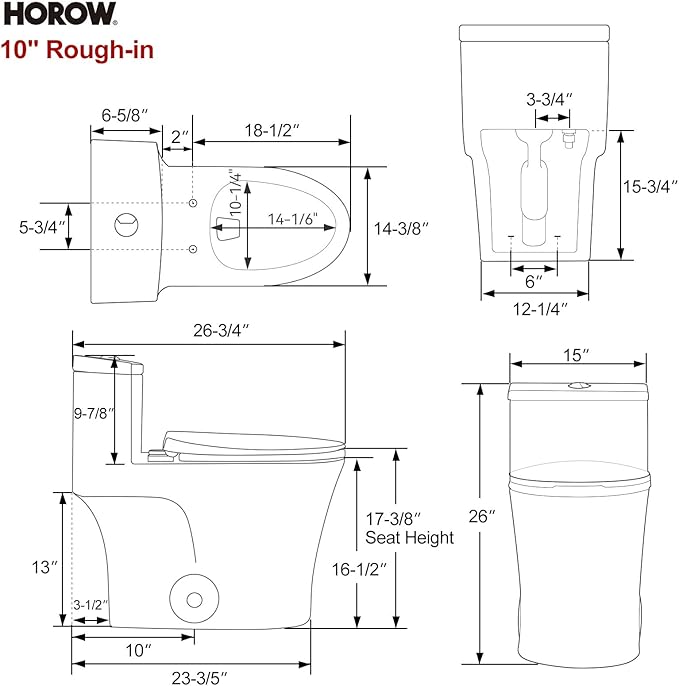 HOROW T0338W One Piece Toilet 10" Rough-in, Elongated Toilet with Comfortable Seat Height, ADA Chair Height 17.3", Dual Flush 0.8/1.28 GPF & MAP 1000g, Standard White Toilet Bowl, Space Saver Design