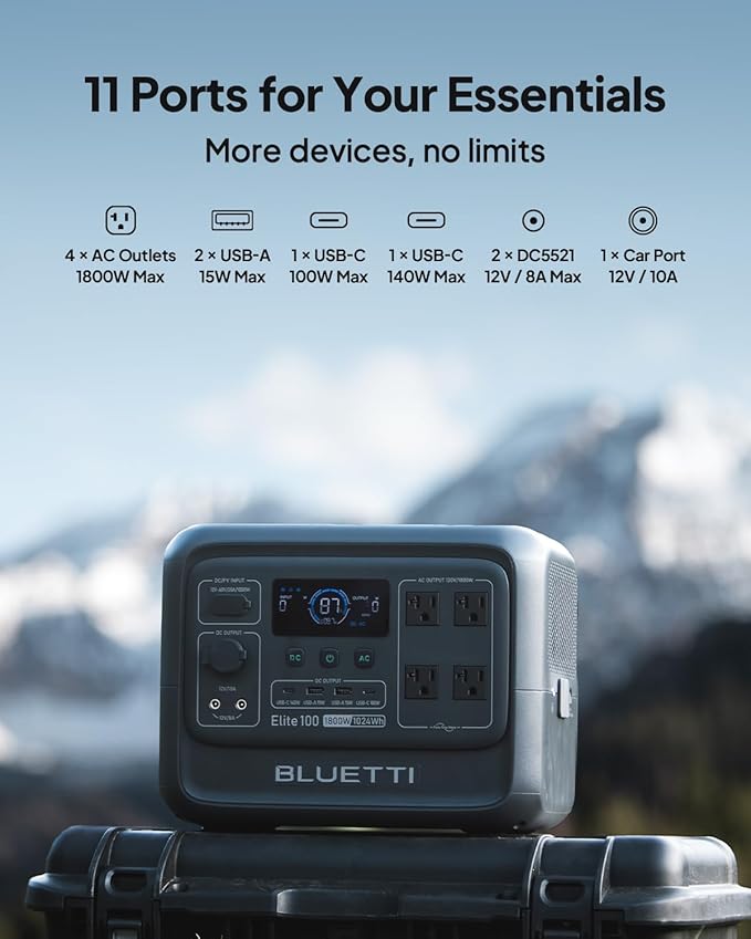 BLUETTI Elite 100 V2 (2025 New) Solar Generator, 1024Wh LFP Battery Backup w/ 4 1800W AC Outlets (3600W Surge), 35% Smaller, Portable Power for Camping, Outages, and UPS Backup (Solar Panel Optional)