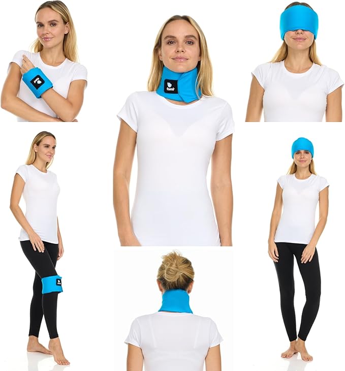 FOMI Premium Hot Cold Multi Function Solid Gel Ice Pack | Neck, Forehead, Eye, Wrist, Knee, Shin Cool Compress | Adjustable Wrap for Stiff Neck, Migraine, Headache, Meniscus, Carpel Tunnel Pain Relief