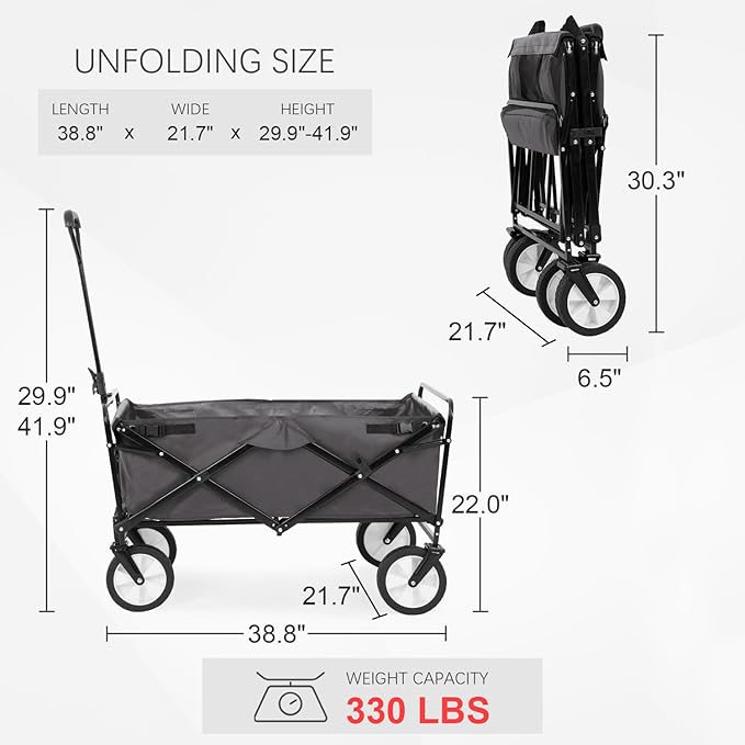 Collapsible Wagon Folding Wagon Garden Cart with Large Capacity, Portable Utility Wagon Cart Heavy Duty for Beach Camping Shopping Garden (Grey)