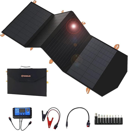 FlexSolar 120W Portable Solar Panel for 300/500/1000/1500W Power Station,IP67 Waterproof Folding Solar Charger with USB C&2 USB A&18V DC Output Charge Generator,Cell Phones,Power Bank,12V Car Battery