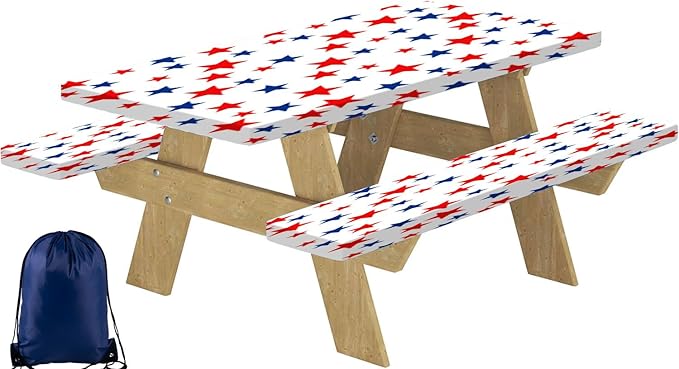 CAPSCEOLL Picnic Table Cover with Bench Covers 4Th of July Waterproof Camping Tablecloth All-Weather Outdoor Table Protector with Drawstring Bag for Camping Essentials, 72X30in, Stars