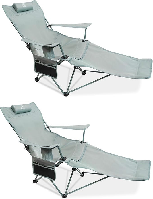 2-in-1 Reclining Camping Chair, Portable Folding Beach Lounge Chair with Footrest & Adjustable Backrest, Comfortable Lawn Chair for Adults Heavy Duty with Cup Holder for Outdoor Poolside Sports