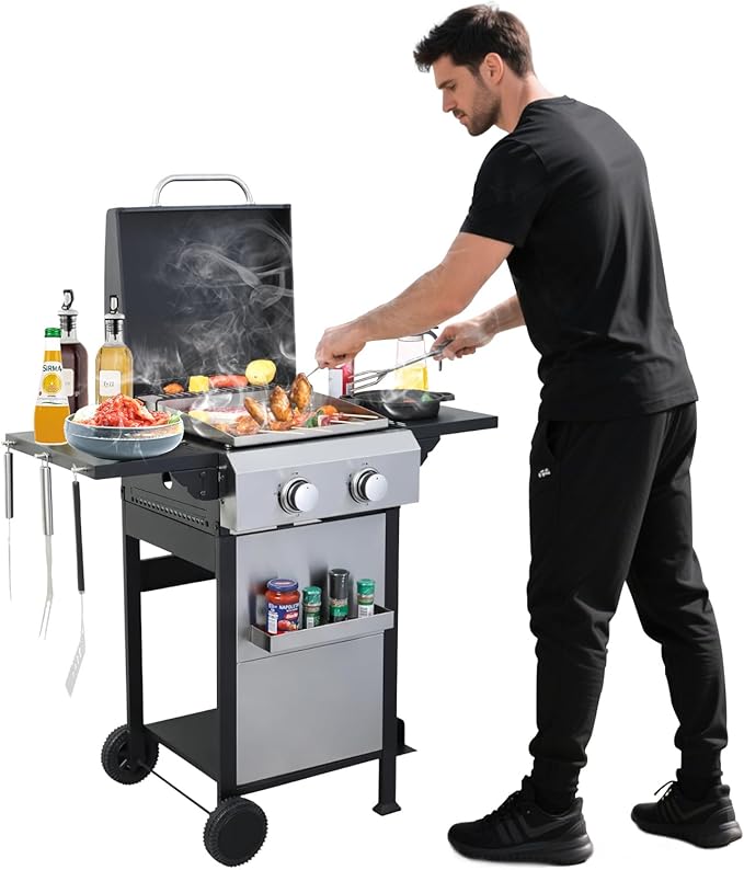 2-Burner Propane Gas BBQ Grill, SS Plancha, 24600BTU Stainless Steel Barbecue Grill With Wire Enamel Cooking Grids Foldable Side Table for Outdoor Camping (Style9: 2-Burner with SS Plancha)