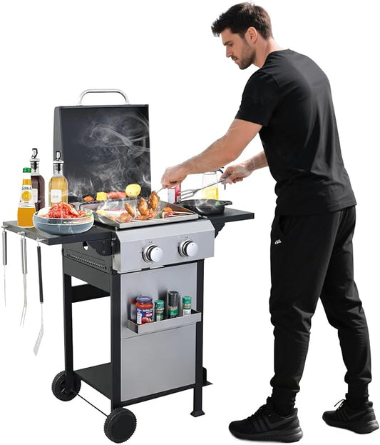 2-Burner Propane Gas BBQ Grill, SS Plancha, 24600BTU Stainless Steel Barbecue Grill With Wire Enamel Cooking Grids Foldable Side Table for Outdoor Camping (Style9: 2-Burner with SS Plancha)