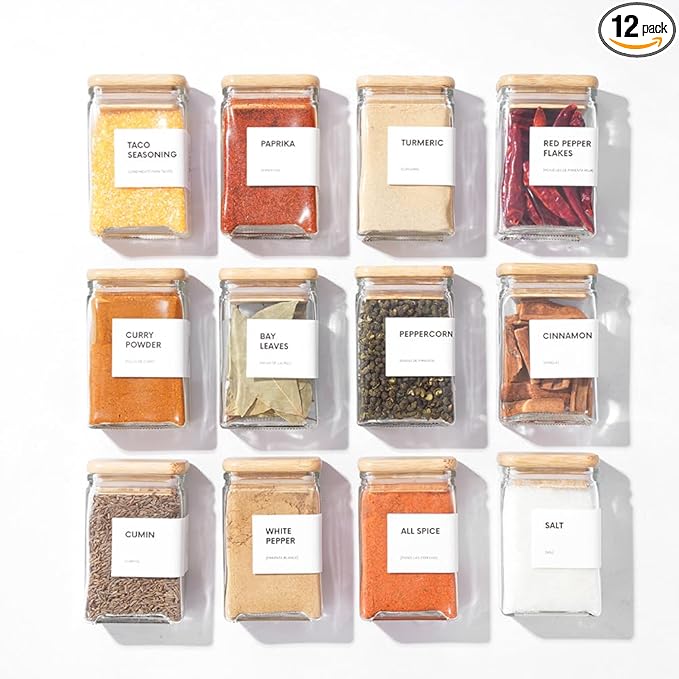 Glass Square Spice Jars with Labels, 4oz Glass Jars with Bamboo Lids, Spice Bottles, Seasoning Organizer, 12 Pack (White)