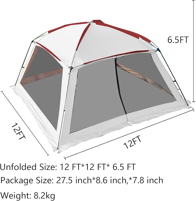 12x12 Ft Screen House Tent - Instant Pop Up Mesh Canopy Shelter with Waterproof & Sunshade Roof, Easy Setup for Camping, Backyard, Beach, Picnic, Red White