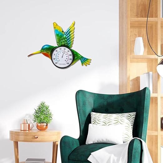 Hummingbird Outdoor Thermometer, 17" Indoor Thermometers with Large Number, Metal Wall Thermometer No Need Battery for Patio Room