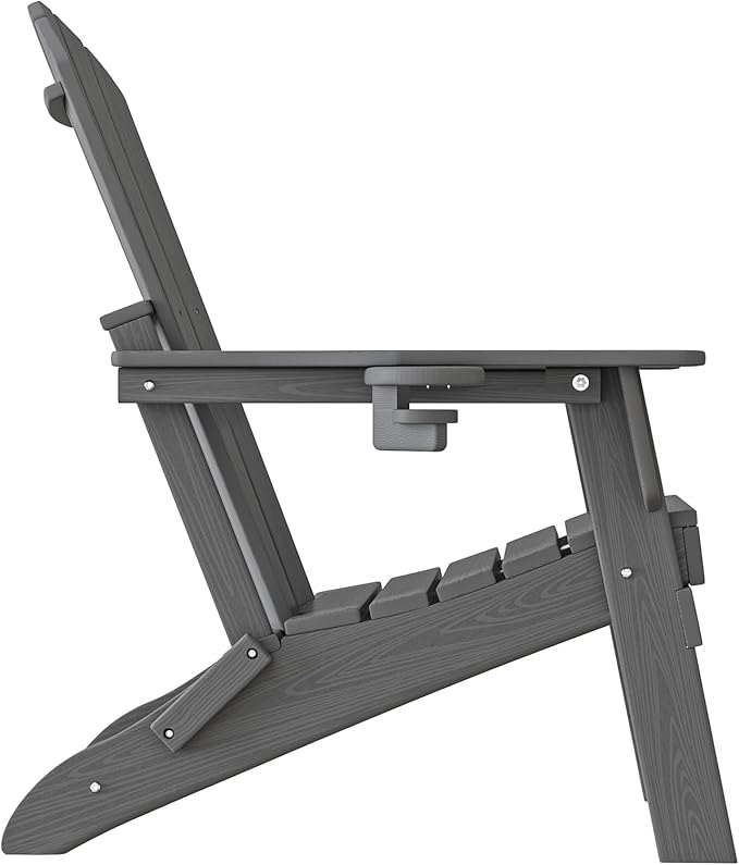 Folding Adirondack Chair, SGS Tested, Wooden Textured with Cup Holder, Heavy All-Weather HDPE Comfortable Set Poolside Backyard Lawn Grey Set 4