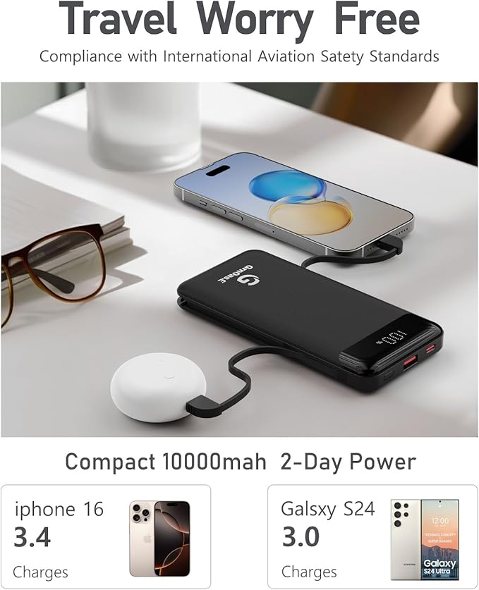 GrnOas.E 2-Pack 10000mAh Power Bank for iPhone,22.5W Fast Charging Portable Charger for iPhone,4 Outputs 3A High Speed Power Bank with Built in Cables,Travel Essentials Battery Pack for iPhone and etc