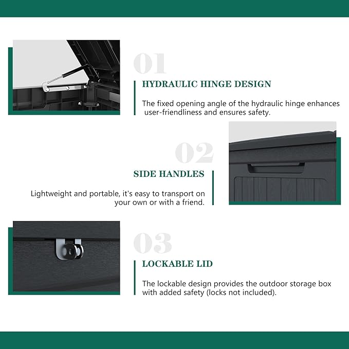 230 Gallon Lockable Resin Deck Box, Waterproof & UV-Resistant Outdoor Storage Box for Outdoor Cushion Storage, Garden Tools & Pool Accessories Storage, Black