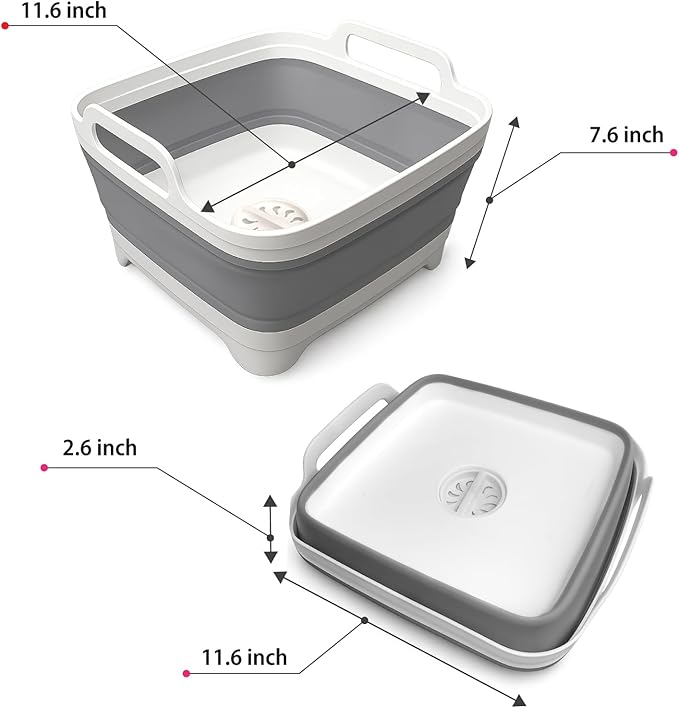Collapsible Dish Basin - 2.4 Gal (9L) with Drain Plug – Foldable Multiuse Sink Tub for Kitchen, Camping, RV, Dishwashing & Vegetable Washing (Gray)