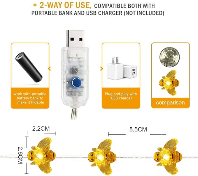 Honeybee Decorative String Lights, 18.7 Ft 40 LED USB Plug-in Copper Wire Bee Fairy Lights for Various Decoration Projects (Warm White, Remote Control with Timer)