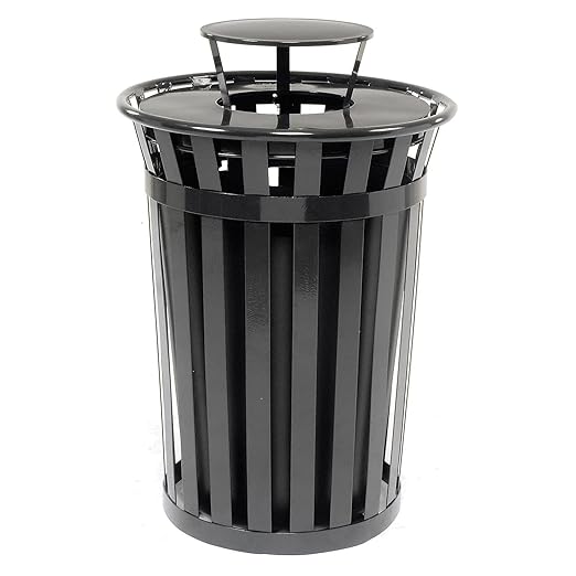 Global Industrial Heavy-Duty 36 Gallon Capacity Outdoor Metal Slatted Trash Receptacle with Rain Bonnet Lid & Plastic Liner, Black, Commercial & Industrial Trash Can