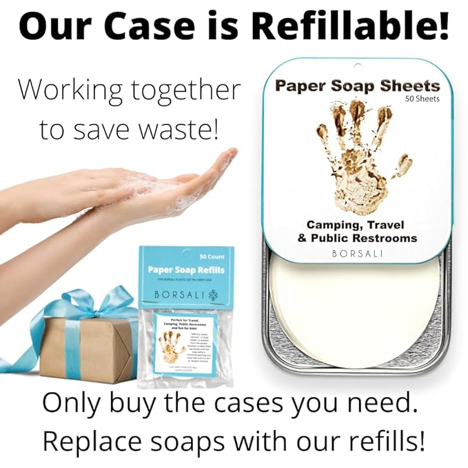 BORSALI Paper Soap Sheets - for Travel - Portable Dissolvable Dry Soap sheets; For Camping, Travel, Public Restrooms; 1 Case with 50 Pieces To Go;