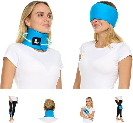 FOMI Premium Hot Cold Multi Function Solid Gel Ice Pack | Neck, Forehead, Eye, Wrist, Knee, Shin Cool Compress | Adjustable Wrap for Stiff Neck, Migraine, Headache, Meniscus, Carpel Tunnel Pain Relief