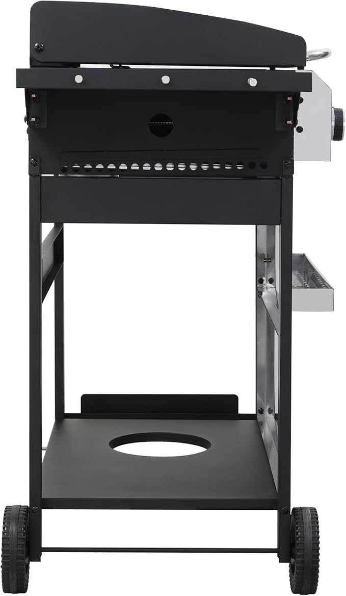 4-Burner Propane Gas BBQ Grill, SS Plancha, 49200BTU Output With Wire Enamel Cooking Grids For Outdoor Barbecue,Stainless Steel Foldable Side Table,Hanging Basket,Black Silver