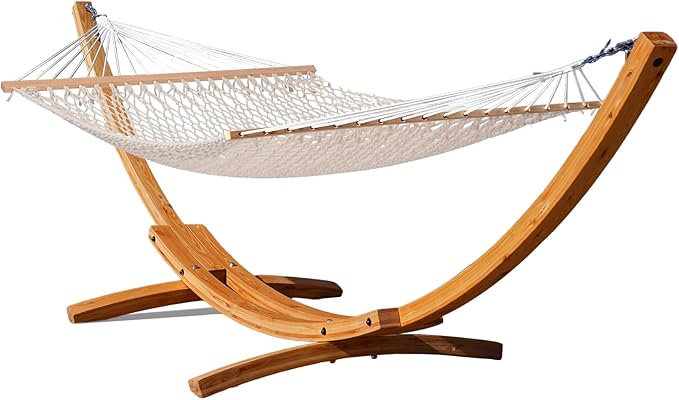 Lazy Daze Hammocks 12 FT Double Rope Hammock and 13 FT Natural Wooden Arc Stand, 2 Person Hand Woven Cotton Hammock with Spreader Bar for Outdoor Patio Poolside, 450 lb Capacity, Natural