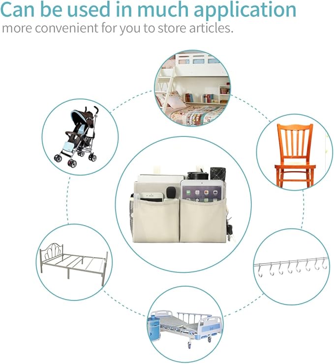 Bunk Bed Organizer, Bedside Caddy Hanging Bed Organizer Storage Bag with 4 Pockets and 2 Hooks, for College Dorm Rooms Bed, Hospital Bed, Baby Bed Rails, 600D Oxford Cloth (Beige)