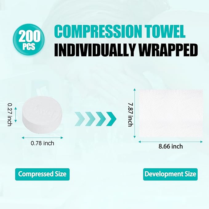 200PCS Compressed Towel Tablets Mini Disposable Compressed Towel Tablets，Bulk Coin Tissues，Disposable and portable face towels suitable for travel, Camping, Sports, Beauty Salons, Home use