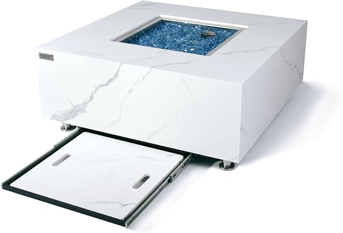 Elementi+ | Bianco Gas Fire Pit | Marble Porcelain & Metal Frame | 40" Square Fire Table | Electronic Ignition | Canvas Cover, Fire Glass & Burner Lid Included | White | Natural Gas