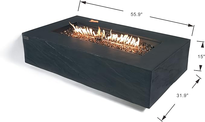 Elementi+ | Cape Town Gas Fire Pit Cast Concrete 56" Rectangular Fire Table, Outdoor Fire Pit Electronic Ignition | Canvas Cover, Fire Glass and Burner Lid Included | Dark Gray | Propane Gas