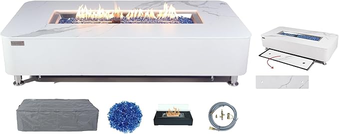 Elementi+ | Athens Gas Fire Pit | Cast Concrete Body & Marble Porcelain Top | 62" Rectangular Fire Table | Electronic Ignition | Canvas Cover, Fire Glass & Burner Lid Included | White | Natural Gas