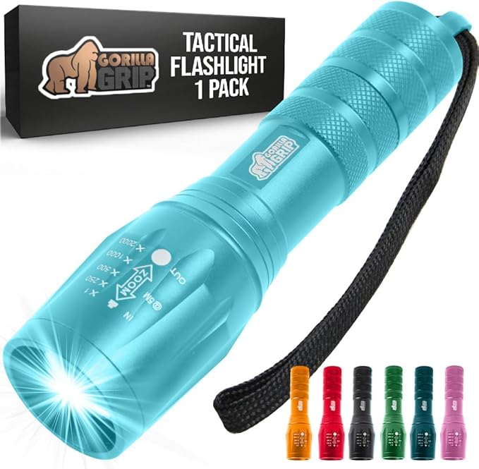 GORILLA GRIP Powerful LED Tactical Flashlight, 750 FT High Lumens 5 Adjustable Modes, Water Resistant, Ultra Bright Zoom Flashlights, Small Mini Flash Light, Camping, Night Dog Walking, Turquoise