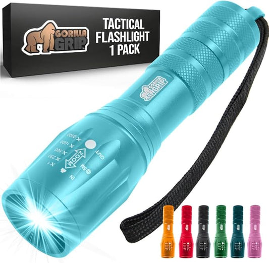 GORILLA GRIP Powerful LED Tactical Flashlight, 750 FT High Lumens 5 Adjustable Modes, Water Resistant, Ultra Bright Zoom Flashlights, Small Mini Flash Light, Camping, Night Dog Walking, Turquoise