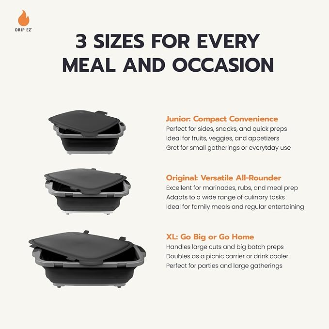 Drip EZ Collapsible BBQ Prep Tubs 3-Piece Set- For Meal Prep Marinating Food Storage - Includes Cutting Board & Lid - (1) JR + (1) OG + (1) XL - Orange