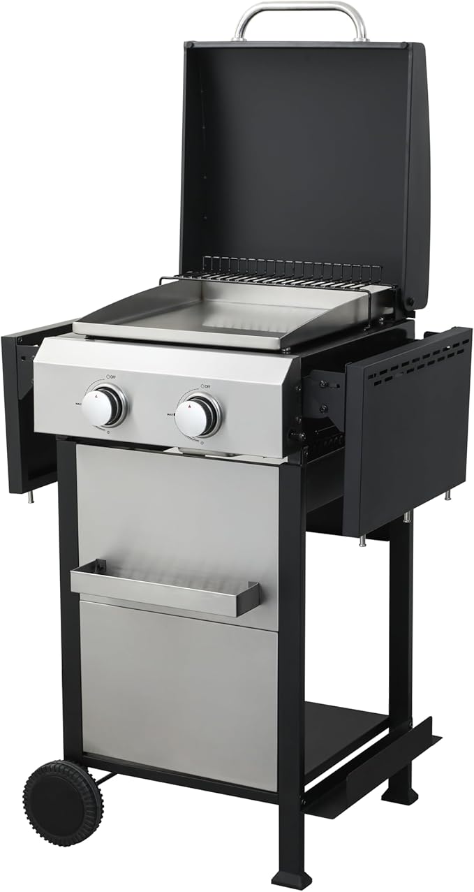 2-Burner Propane Gas BBQ Grill, SS Plancha, 24600BTU Output With Wire Enamel Cooking Grids For Outdoor Barbecue, Stainless Steel Foldable Side Table, Hanging Basket,Black Silver