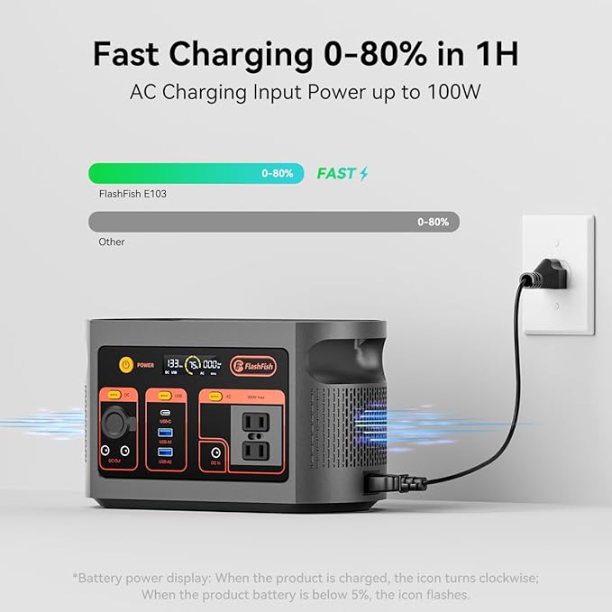 Flashfish 300W Portable Power Station - 179Wh LiFePO4 Battery, 600W Surge, Pure Sine Wave AC Outlets, 60W USB-C PD, 2xUSB-A, DC & Car Ports, LED Light, Solar Generator for Camping&Emergencies