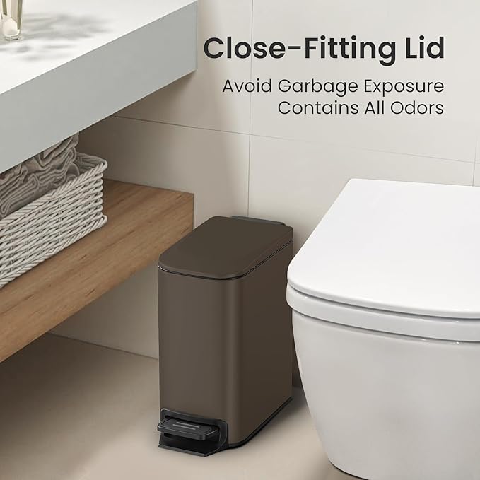 Cesun Small Bathroom Trash Can with Lid Soft Close, Step Pedal, 6 Liter / 1.6 Gallon Stainless Steel Garbage Can with Removable Inner Bucket, Anti-Fingerprint Finish (Brown)